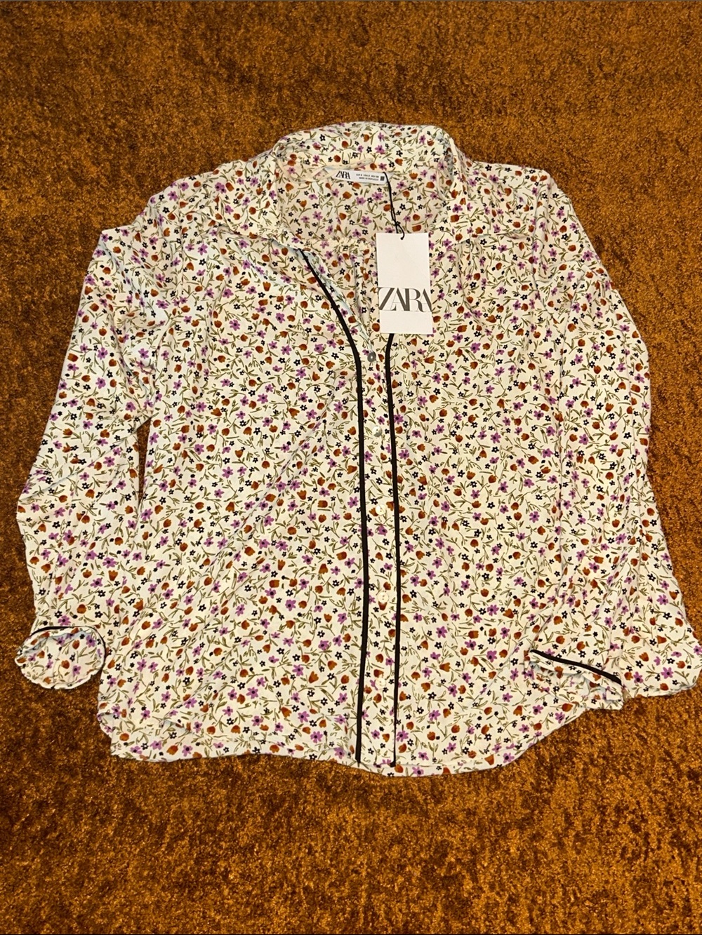 Zara Cream Floral Long Sleeve Button-Up with Black Piping
